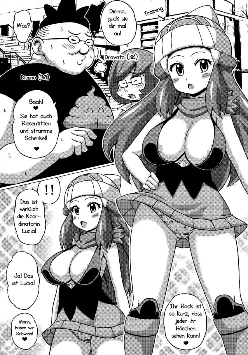 1girls 2boys aged_up dawn_(pokemon) deutsch fat-kun fat_man female german_text koutarosu male monochrome multiple_boys pokeharlot pokemon text tierno_(pokemon) translated trevor_(pokemon)