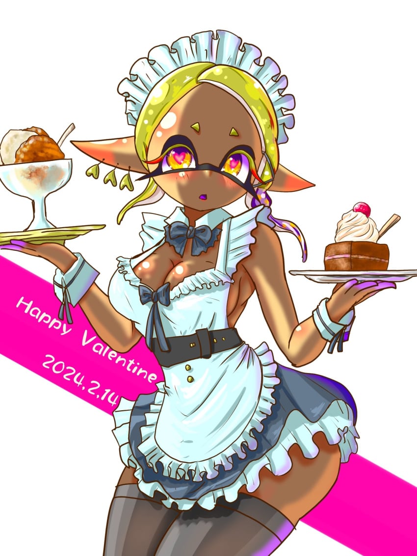 2024 big_breasts black_body black_legwear black_skin blush breasts dark-skinned_female desert digital_media_(artwork) dress dress_lift ear_piercing frye_(splatoon) frye_onaga heart_earrings heart_eyes hi_res holding holding_plate humanoid_pointy_ears ice_cream inkling legwear looking_at_viewer maid maid_headdress maid_outfit maid_uniform nintendo open_mouth pointy_eared_humanoid pointy_ears splatoon splatoon_(series) splatoon_3 t2ukmyjm text thick_thighs valentine valentine's_day white_background yellow_eyelashes yellow_eyes yellow_hair