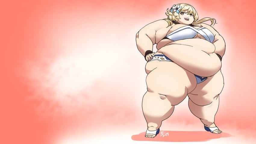 1girls belly bikini breasts fat female female_focus female_only genshin_impact lumine_(genshin_impact) maxfullbody obese obese_female solo solo_female solo_focus