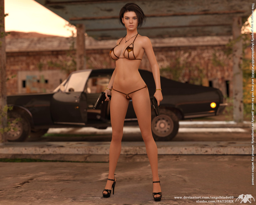 1girls 3d angelblade69 barely_clothed barely_covered barely_there_lingerie bikini black_g-string black_panties black_thong black_underwear blue_eyes brown_hair dual_wielding female firearm footwear g-string gun handgun high_heels human jill_valentine jill_valentine_(sasha_zotova) large_breasts lingerie looking_at_viewer micro_bikini micro_thong outdoors outside pale_skin panties public resident_evil short_hair skimpy skimpy_panties skimpy_thong skimpy_underwear swimwear teardrop_bikini thong thong_underwear underboob underwear weapon