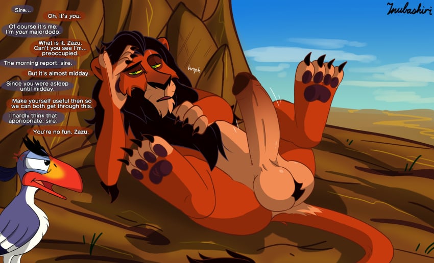 balls big_balls big_penis bird boner disney erection feral furry inubashiri lion lying_on_back male male_only mane nude penis scar scar_(the_lion_king) scar_across_eye text_bubble the_lion_king zazu