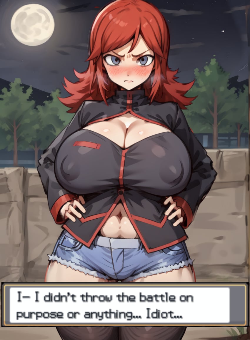 1girls ai_generated big_breasts blush breasts cleavage cleavage_cutout covered_erect_nipples creamballz curvy curvy_female dialogue female game_freak genderswap_(mtf) hands_on_hips hourglass_figure huge_breasts human insult insulting_viewer jacket large_breasts long_hair long_sleeves looking_at_viewer moon navel night nintendo park pokemon pokemon_gsc red_hair rule_63 shorts silver_(pokemon) silver_eyes sky solo standing text text_box thick_thighs thighhighs thighs tree tsundere wall wide_hips