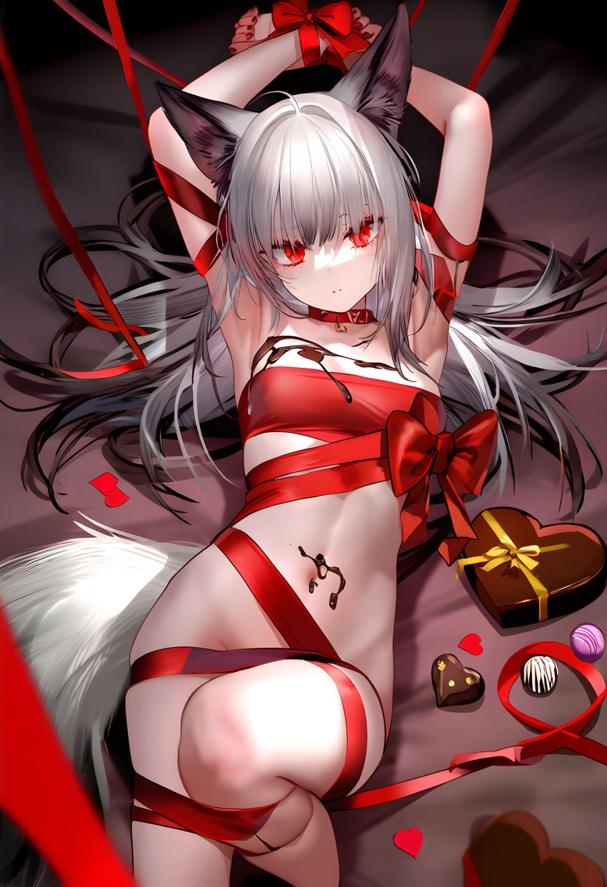 1girls 2024 ai_generated arknights arms_up chocolate fox_ears fox_girl fox_tail frostleaf_(arknights) grey_hair gsptu_mfbg--wmw heart hi_res light-skinned_female light_skin long_hair looking_at_viewer lying lying_on_back lying_on_bed red_eyes ribbon ribbons solo