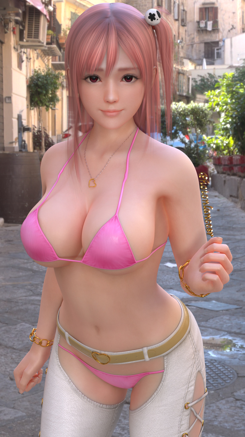 1girls 3d assless_chaps big_breasts bikini breasts dead_or_alive honoka_(doa) huge_breasts looking_at_viewer magenta_eyes necklace photonlanccer pink_hair voluptuous