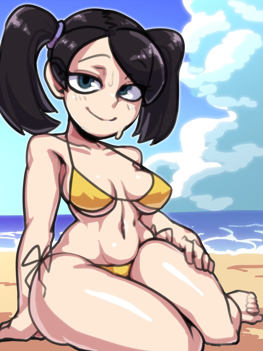 1girls aged_up beach big_breasts bikini black_hair breasts eye_contact female female_only looking_at_viewer painting_fish shiny_skin sienna_contiello skullgirls smile solo solo_female squigly sweat sweatdrop thick_thighs thighs twintails wide_hips