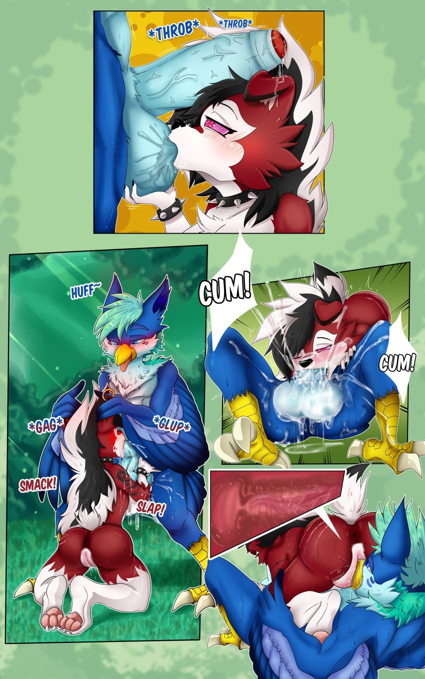 absurd_res avian avius_volante bird bodily_fluids breath comic cum discy_the_lycanroc duo feet female generation_7_pokemon genital_fluids genitals grass hi_res hyper lycanroc male male/female midnight_lycanroc miko_chan nintendo oral panting paws penis plant pokemon pokemon_(species) talons throbbing throbbing_penis thrusting toes tongue_in_pussy