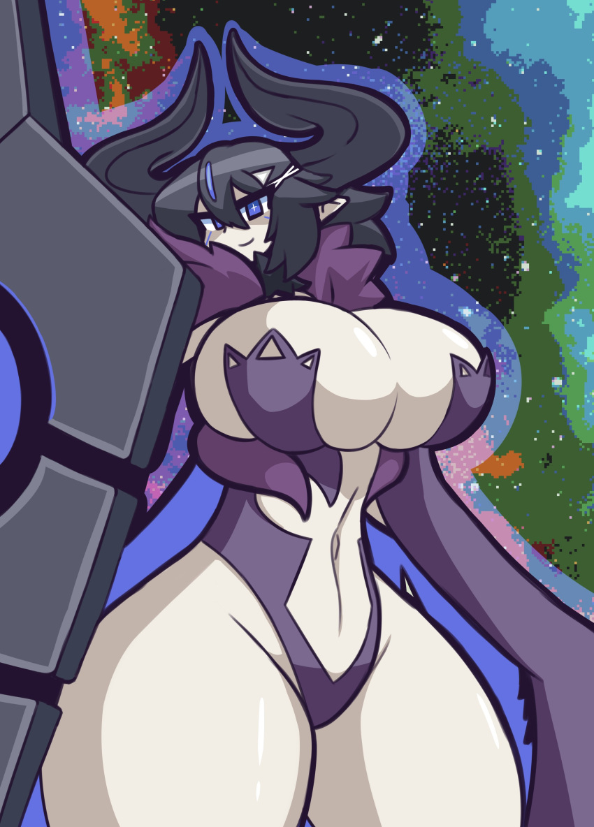 asagi_asagiri barely_contained breasts cleavage demon demon_girl demon_horns disgaea disgaea_rpg gensin large_breasts nippon_ichi_software overlord_asagi skimpy_clothes thick_thighs thighs