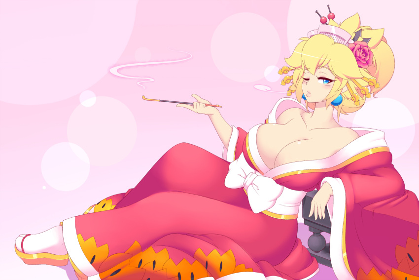 big_breasts blonde_hair blue_eyes cleavage crankyconstruct earrings female hair_ornament huge_breasts kimono kiseru large_breasts mario_(series) obi okobo pipe princess_peach ribbon smoking smoking_pipe tabi tied_hair yukata