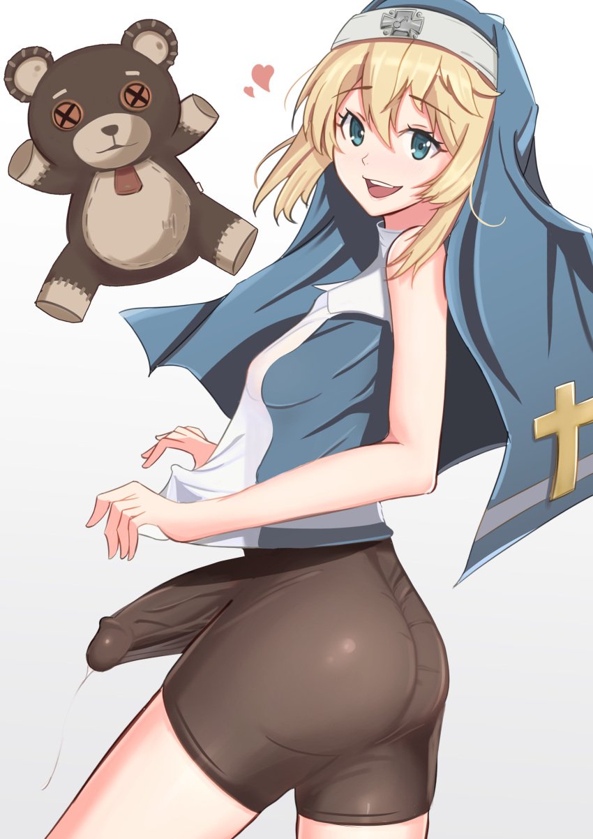 1boy androgynous ass blonde_hair blue_eyes bridget canon_crossdressing compression_shorts erection erection_under_clothes eye_contact femboy feminine_male girly guilty_gear hearts light_skin long_hair looking_at_viewer male_nun nun nun's_habit smile solo spandex_shorts teddy_bear thick_thighs thighs white_background yoshiwo_senpai