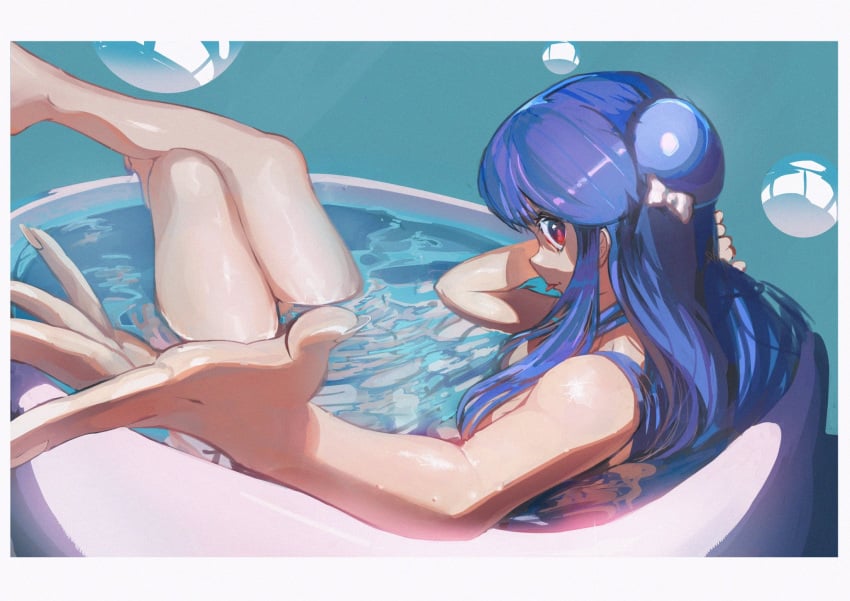 aqua_background bathing bathtub blue_hair border bow breasts bubble caustics crossed_ankles female long_hair looking_at_viewer outstretched_hand ranma_1/2 red_eyes shampoo_(ranma_1/2) solo tagme tongue tongue_out water white_border zabimasurao