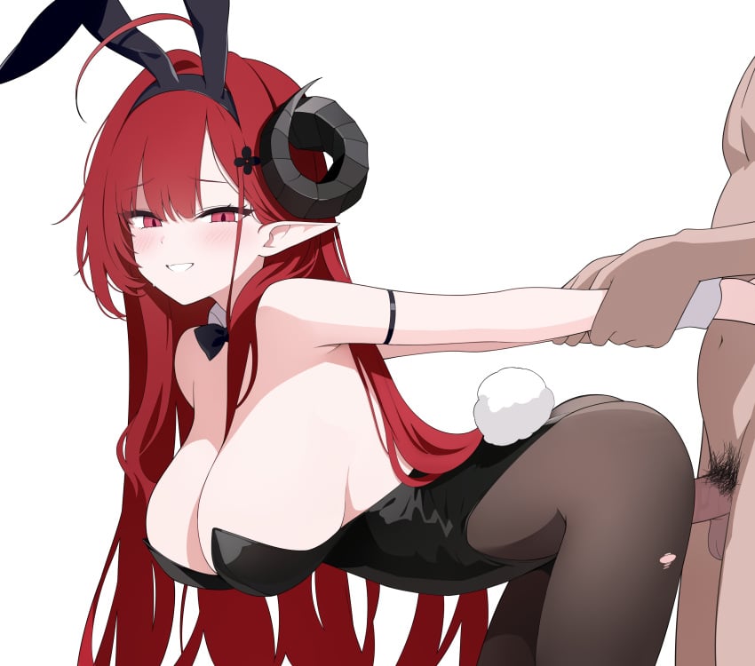 1boy absurdres ahoge animal_ears arm_grab arm_strap armpits ass azur_lane backless_leotard bare_arms bare_shoulders bent_over black_hairband black_leotard bow bowtie breasts brown_pantyhose cleavage clothed_female_nude_male clothed_sex cowboy_shot curled_horns demon_girl demon_horns detached_collar doggy_style erection fake_animal_ears fake_tail female grabbing grabbing_from_behind grin hair_ornament hairband hairclip highleg highleg_leotard highres hindenburg_(azur_lane) hindenburg_(delirious_duel)_(azur_lane) horns jyt large_breasts leotard long_hair looking_at_viewer male_pubic_hair nude official_alternate_costume pantyhose penis playboy_bunny pointy_ears pubic_hair rabbit_ears rabbit_tail red_eyes red_hair sex sex_from_behind smile solo_focus standing straight strapless strapless_leotard sweat tail torn_clothes torn_pantyhose very_long_hair wrist_cuffs