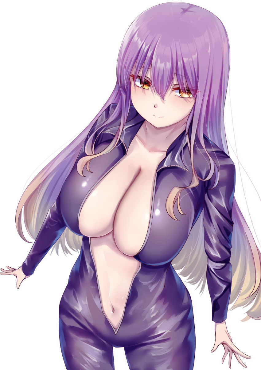 1girl 1girls bodysuit breasts cleavage highres hijiri_byakuren large_breasts long_hair long_sleeves looking_at_viewer mirufui navel orange_eyes purple_bodysuit purple_hair simple_background sketch smile solo stomach tagme touhou turbo_byakuren unzipped white_background