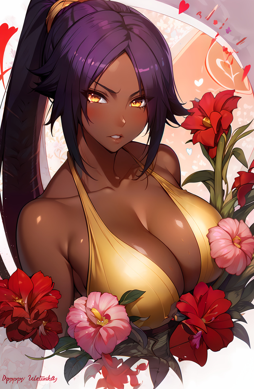 ai_generated athletic bangs bleach dark_skin endowed female flower golden_eyes heart long_hair nai_diffusion ponytail purple_hair red_flower shihouin_yoruichi slender_waist solo stable_diffusion unstable_diffusion valentine's_day