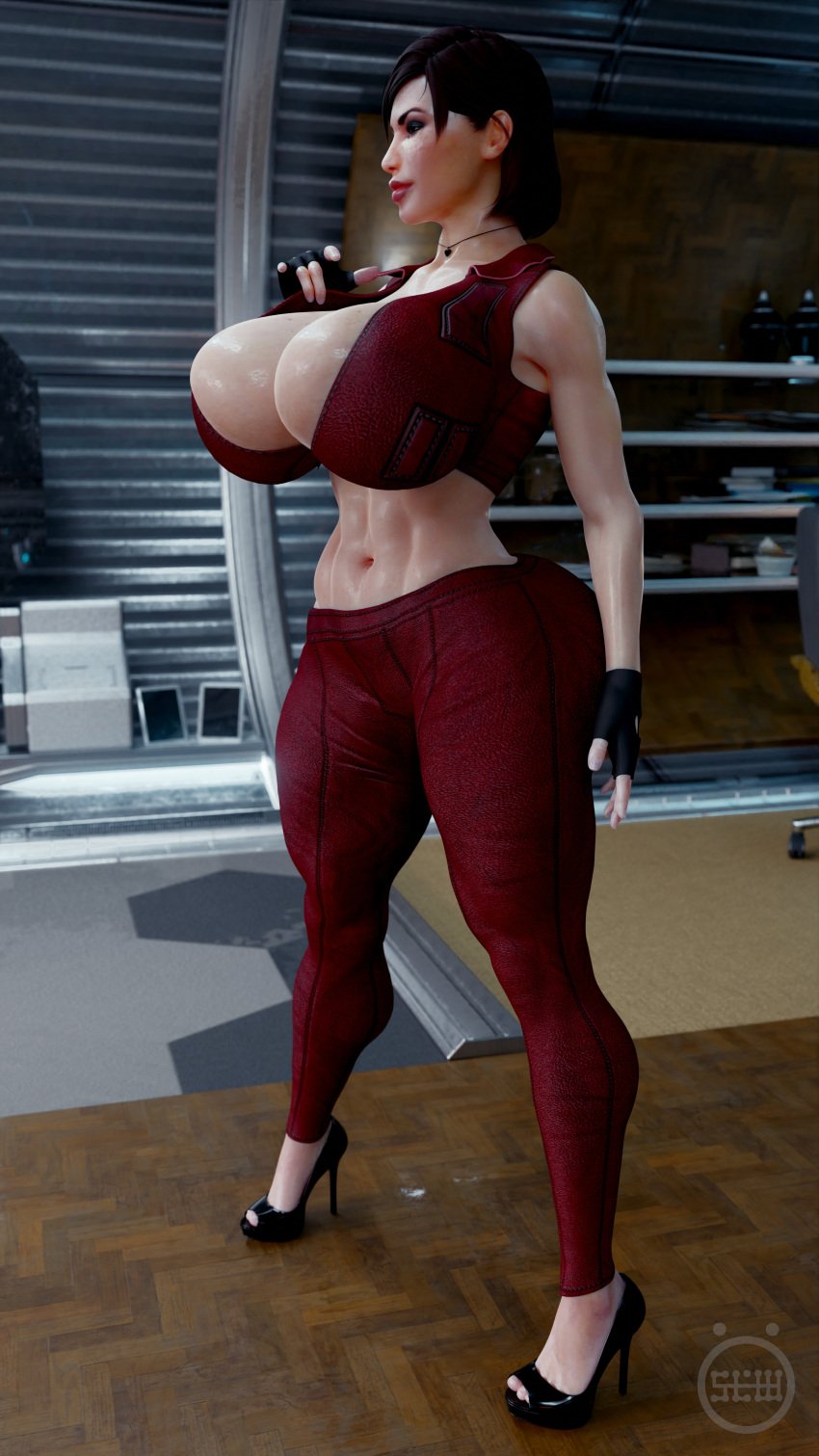 abs commander_shepard female femshep fingerless_gloves high_heels huge_ass huge_breasts mass_effect muscular_female red_hair self_upload slow_(artist)