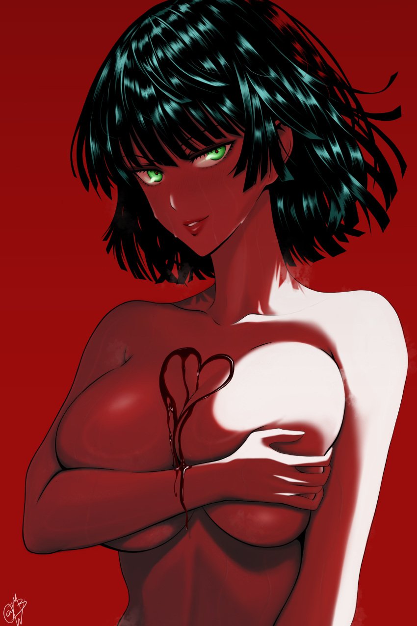 absurdres armpit_crease armpit_peek black_hair breast_hold breast_press breasts candy chocolate chocolate_on_body chocolate_on_breasts completely_nude convenient_arm covered_nipples covering_breasts covering_privates female food food_on_body fubuki_(one-punch_man) green_eyes hand_on_own_chest heart heart-shaped_chocolate highres large_breasts looking_at_viewer mostlybluewyatt no_bra nude one-punch_man red_background short_hair simple_background smile solo steam steaming_body sweat upper_body valentine