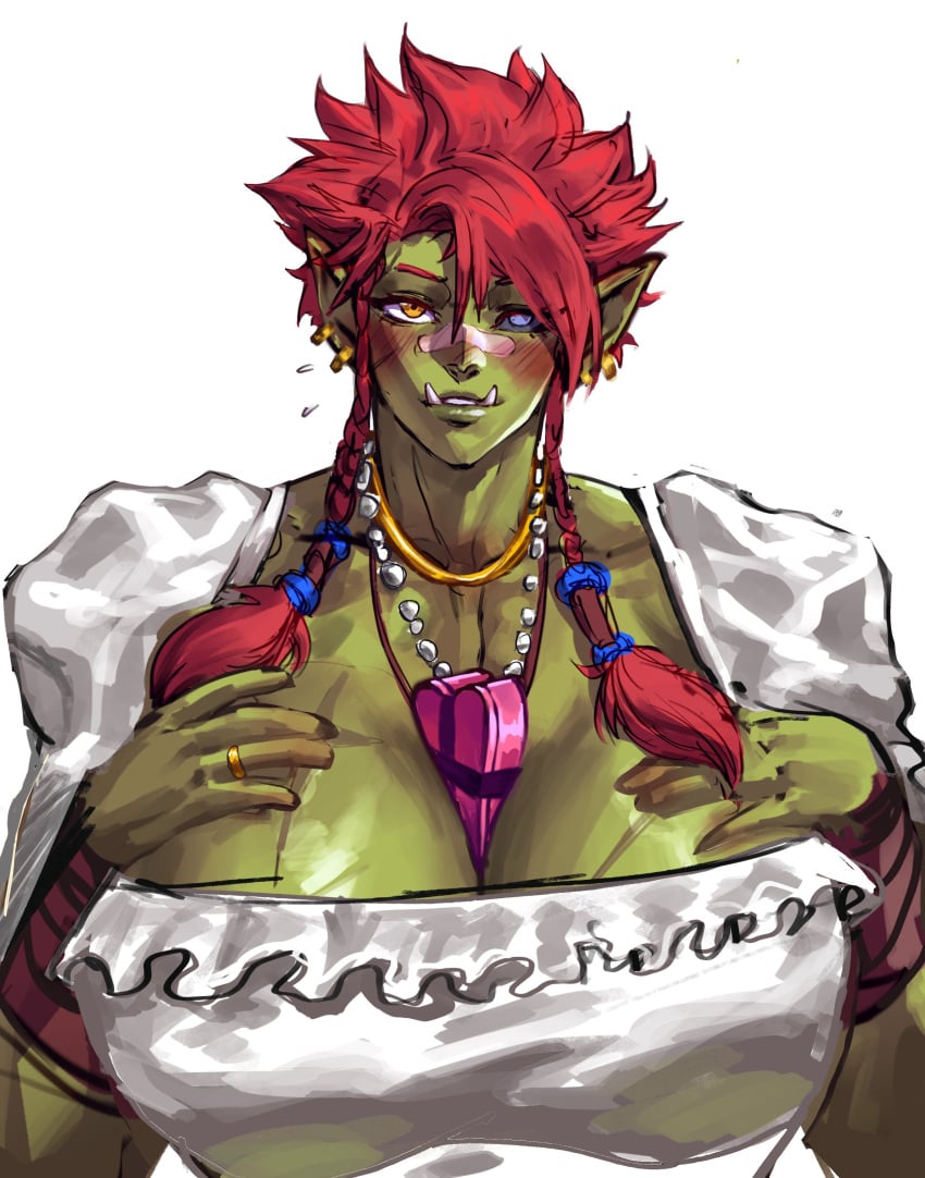 big_breasts blush blushing cassandra_(virgoart1509) cleavage huge_breasts looking_at_viewer orc orc_female original original_character red_hair ring scar scars_on_chest tusks virgoart1509