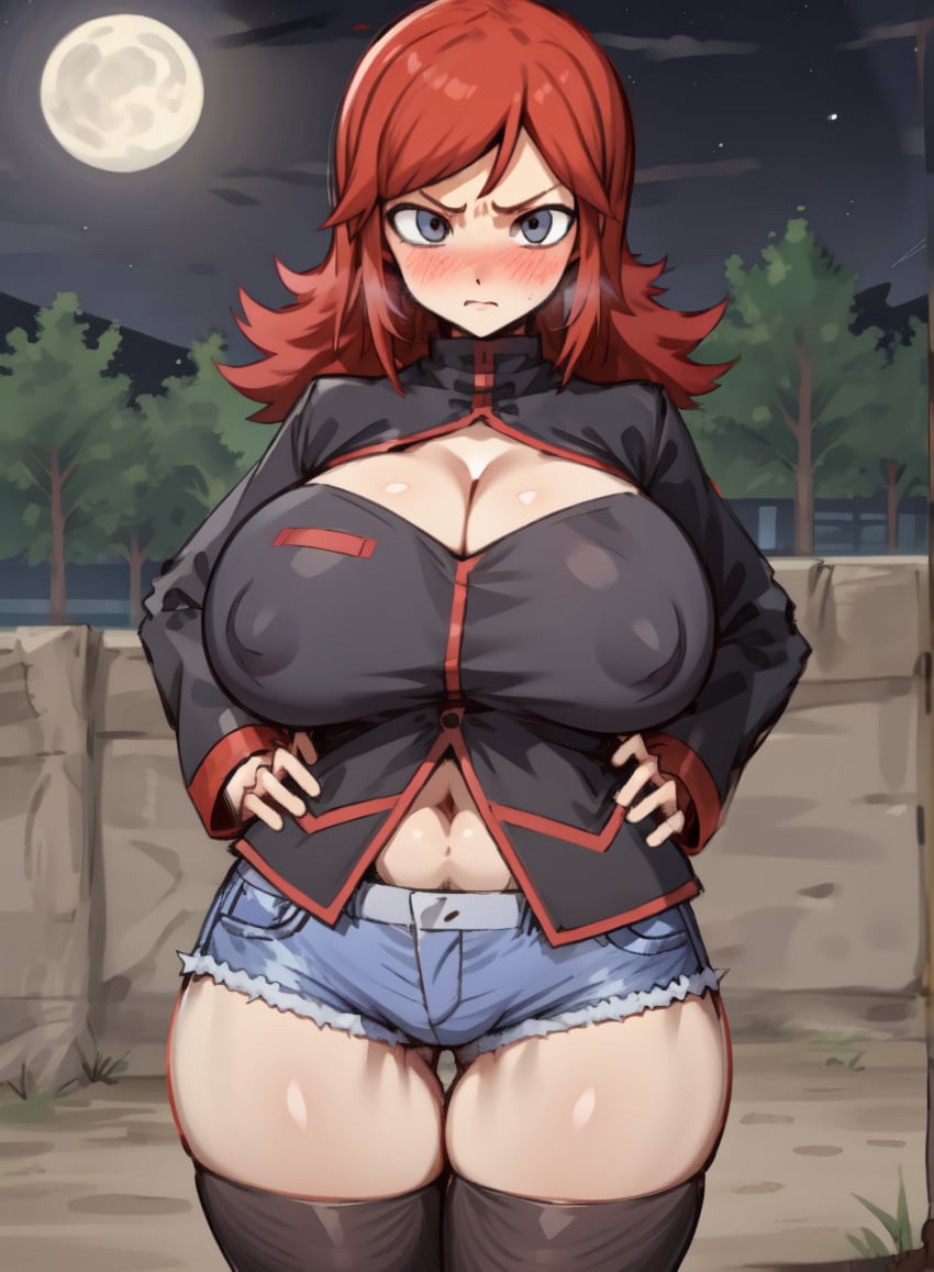 1girls ai_generated big_breasts blush breasts cleavage cleavage_cutout covered_erect_nipples creamballz curvy curvy_female female game_freak genderswap_(mtf) hands_on_hips hourglass_figure huge_breasts human jacket large_breasts long_hair long_sleeves looking_at_viewer moon navel night nintendo park pokemon pokemon_gsc red_hair rule_63 shorts silver_(pokemon) silver_eyes sky solo standing thick_thighs thighhighs thighs tree tsundere wall wide_hips