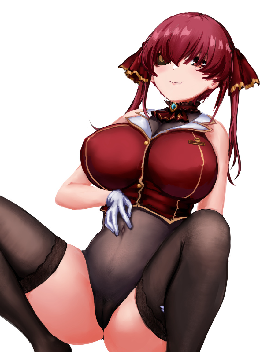 absurdres breasts cameltoe eyepatch female hand_on_own_stomach highres hololive hololive_fantasy hololive_japan houshou_marine hu_sea kneehighs large_breasts no_pants red_eyes red_hair sleeveless socks solo squatting tank_top twintails virtual_youtuber white_background zettai_ryouiki