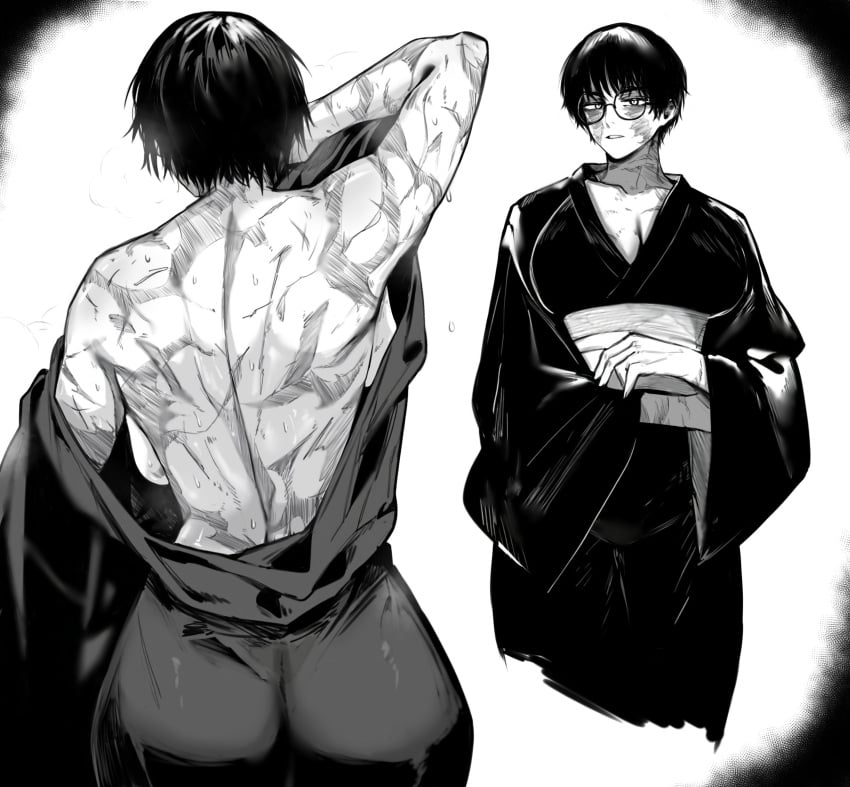 1girls ass ass_focus big_ass big_butt burn_marks burn_scar burn_scars burns fat_ass female female_only glasses huge_ass huge_butt jujutsu_kaisen kimono large_ass large_butt looking_at_viewer looking_back masoq095 monochrome muscular muscular_arms muscular_female pixie_cut scar scarred scars scars_all_over short_hair shounen_jump thick thick_ass thick_thighs thighs tomboy very_short_hair wounds zenin_maki