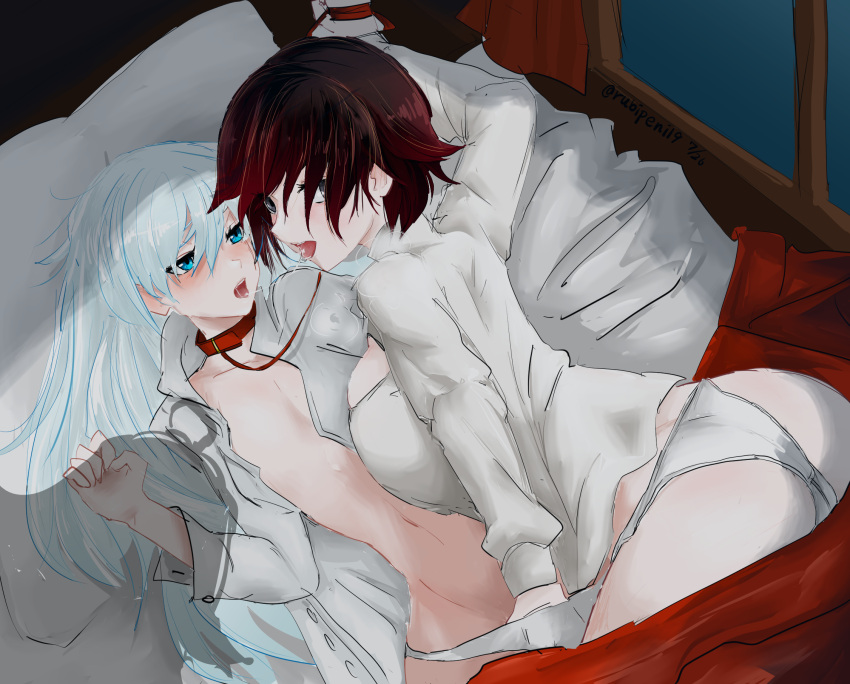 blue_eyes blush blush brown_hair drool femdom femsub fingering grey_eyes half-dressed kissing leash leash_and_collar odakubara on_bed ruby_rose rwby weiss_schnee white_hair yang_xiao_long yuri