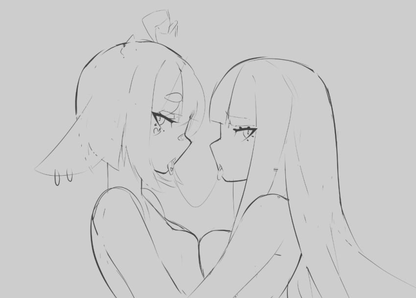 2girls ahoge artist_request breasts doodle el_xox indie_virtual_youtuber saliva saliva_string saliva_trail simple_background sketch virtual_youtuber yuri