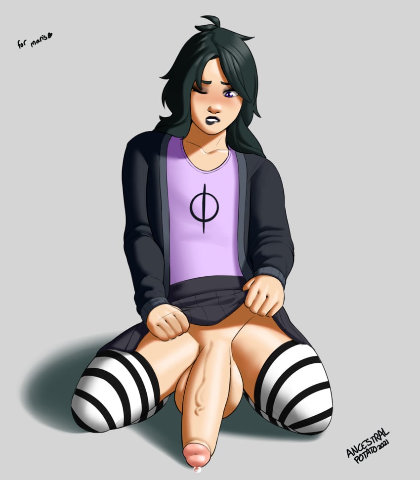 1boy ancestralpotato biting_lip black_lips black_lipstick clothed femboy genderfluid goth highres hung_femboy hung_trap large_balls large_penis lucy_(marisfaraway) male original original_character penis_to_the_knees pink_shirt precum_drip skirt skirt_lift solo striped_legwear striped_socks syntheticpotato trap