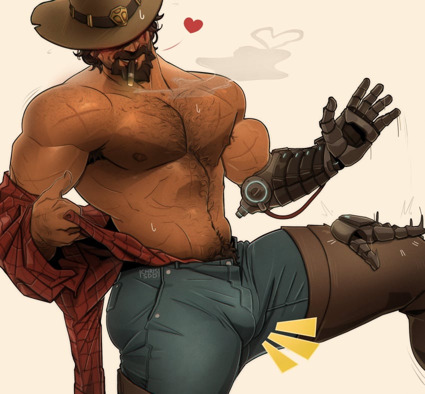 1boy activision armpit_hair bara bara_tits barazoku beard blizzard_entertainment blush body_hair brown_hair bulge chris_sdd clothing cole_cassidy cowboy_hat facial_hair gay hairy hairy_chest hairy_male male male_focus male_nipples male_only male_pubic_hair manly muscular_male nipples overwatch overwatch_2 solo solo_male yaoi