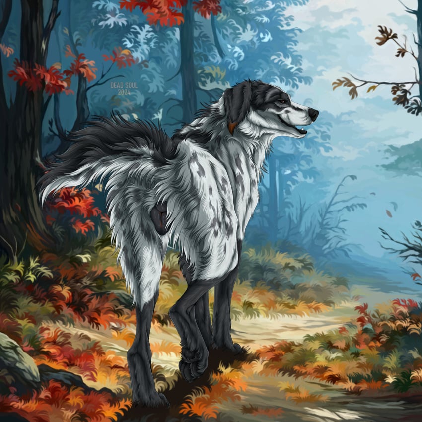 adventure animal_genitalia bird_dog bodily_fluids canid canine canine_genitalia canis cum detailed_background digital_media_(artwork) digital_painting_(artwork) domestic_dog female feral floppy fur genital_fluids genitals grin hi_res hunting_dog just_kenta looking_at_viewer mammal meeka_just_kenta msdeadsoul nude outside pawpads paws pussy setter smile solo tail teasing teeth walking wolf