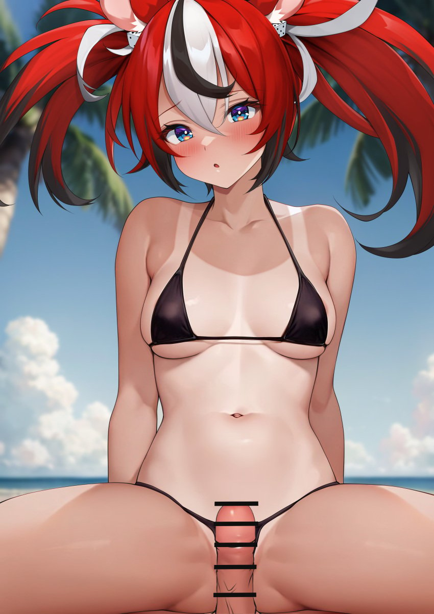 1boy absurdres animal_ears bar_censor bikini black_bikini black_hair blue_eyes blue_sky blurry blurry_background blush breasts censored commentary_request cowgirl_position day dice_hair_ornament erection female hair_ornament hakos_baelz highres hololive hololive_english hololive_english_-council- hololive_english_-promise- looking_at_viewer medium_breasts medium_hair mouse_ears multicolored_hair navel one-piece_tan otokucha outdoors palm_tree parted_lips penis pov red_hair sky solo_focus straddling straight streaked_hair swimsuit tan tanlines tree twintails virtual_youtuber white_hair