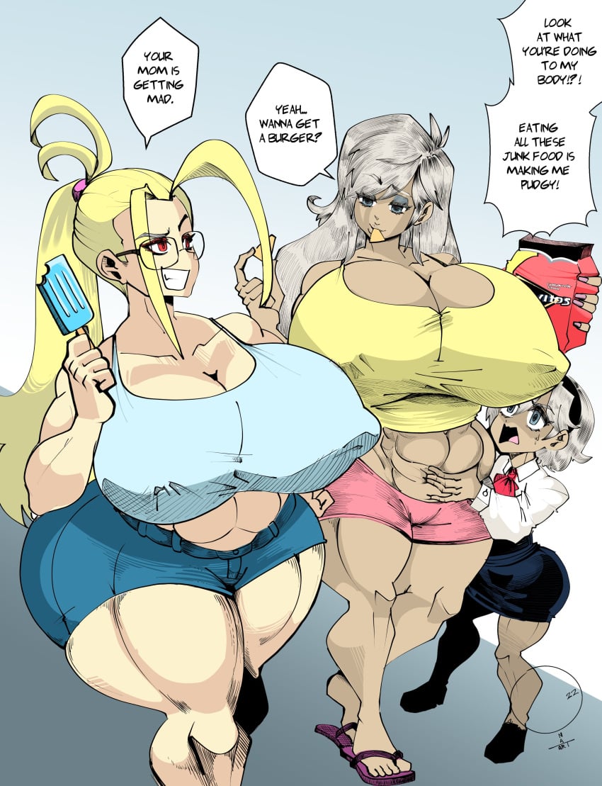 against_will bangs bare_shoulders big_breasts blonde_hair body_swap bodyswap eating flip_flops forced_to_watch glasses grabbing_stomach height_difference huge_breasts long_hair looking_at_self looking_up mother_and_daughter musclegut nipple_bulge nipples_visible_through_clothing onat onatart ponytail red_eyes sandals short_hair short_shorts size_difference smug smug_grin sweatdrop tank_top thick_thighs toes toned_female weight_gain white_hair worried worried_expression yellow_hair