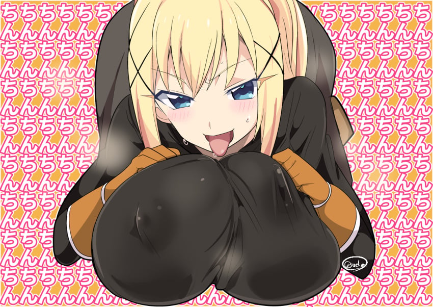 1girls alternate_costume_color big_breasts black_bodysuit blonde_hair blue_eyes blush bodysuit breasts darkness_(konosuba) female female_only hair huge_breasts kono_subarashii_sekai_ni_shukufuku_wo! large_breasts looking_at_viewer naughty_face nipples_visible_through_clothing oda_koziki open_mouth seductive seductive_look seductive_smile solo tongue tongue_out