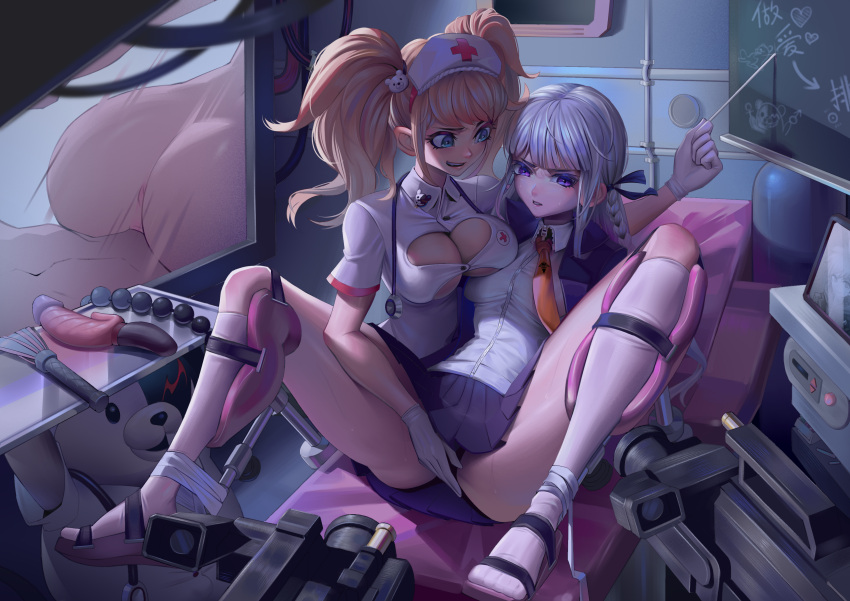 17yunzi 2girls absurdres anal_beads animal_hair_ornament anus arrow_(symbol) ass bangs bear_hair_ornament bed blonde_hair blue_eyes blunt_bangs bondage bound bound_legs braid breast_press breasts cat_o'_nine_tails chinese_commentary chinese_text cleavage collared_shirt cross danganronpa danganronpa:_trigger_happy_havoc danganronpa_1 dildo female gloves h.an_(516635864) hair_ornament hair_ribbon hat heart highres holding holding_pointer hospital hospital_bed indoors jacket junko_enoshima kirigiri_kyouko large_breasts light_purple_hair long_hair looking_at_another mars_symbol miniskirt monokuma multiple_girls necktie nurse_cap open_clothes open_jacket open_mouth orange_necktie pleated_skirt pointer purple_eyes purple_jacket purple_ribbon purple_skirt red_cross restrained ribbon sex sex_toy shirt short_sleeves skirt smile straight_hair sweat symmetrical_docking television tray twintails underboob vaginal_penetration venus_symbol whip white_gloves white_headwear white_shirt yuri zipper zipper_pull_tab