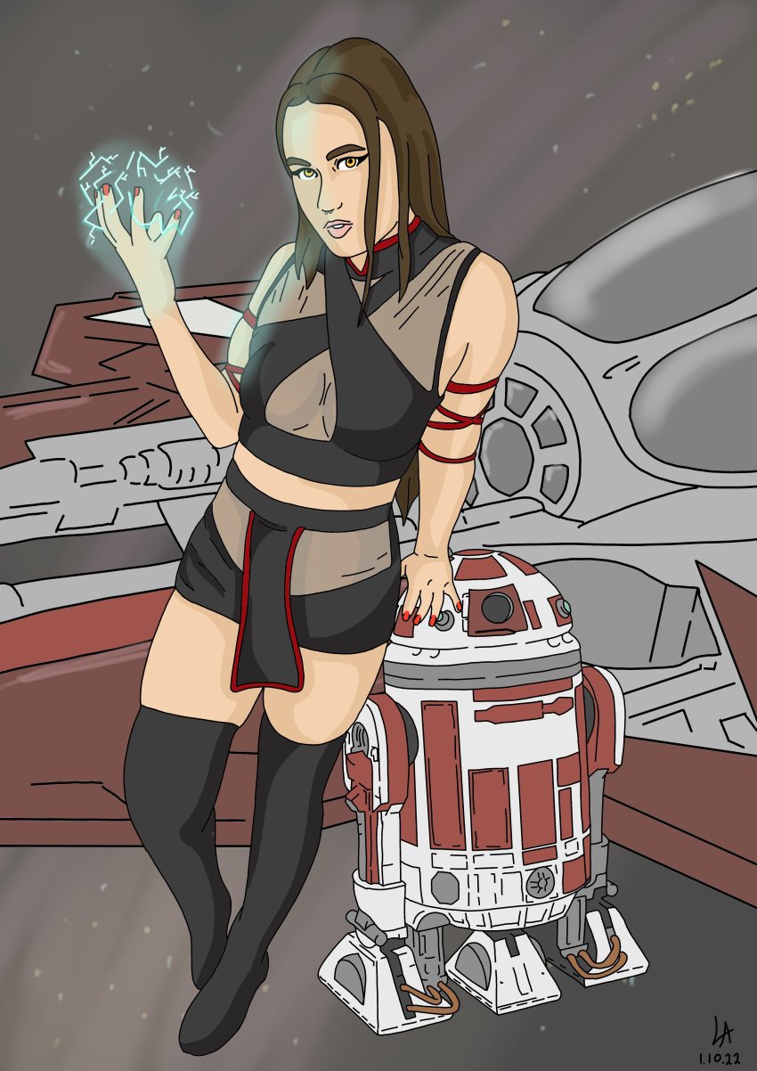 1girls arm_raised arm_ribbon arm_up astromech_droid black_outfit breasts brown_hair cleavage cleavage_cutout collar dark_jedi dmsketch94 droid electricity electricity_manipulation female force_lightning glow glowing jedi jedi_master kneehighs leaning leaning_back lightning long_socks mesh nose_piercing pink_lips red_lines red_nail_polish red_nails ribbon septum_piercing sith sith_eyes sith_lord space sparks star_wars the_force thighhighs yellow_eyes