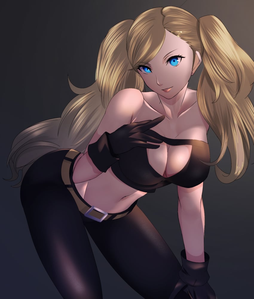 1girls alternate_costume ann_takamaki belt big_breasts black_gloves blue_eyes cleavage_cutout denim denim_bottomwear denim_clothing denim_jeans female hands_on_breasts hands_on_knees holes jeans jin_morisono keyhole looking_at_viewer midriff pants persona persona_5 skeb_commission smile solo twintails