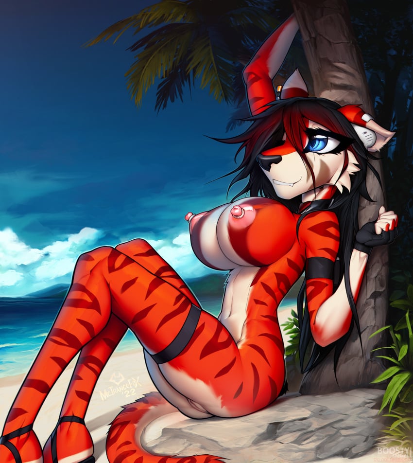 beach blue_eyes cherry_(macmegagerc) feline female gloves large_breasts macmegagerc naked nipples nude palm_tree red relaxing seaside solo_female stripes tiger vagina