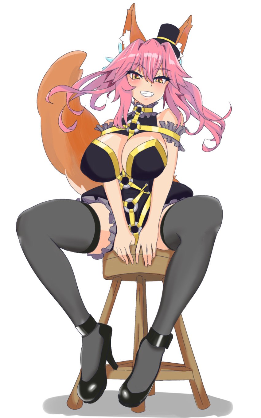 big_breasts fate/extra fate/grand_order fate_(series) female female_only fox_ears fox_tail hat heels kemonomimi pink_hair sapphidoll sitting_on_stool smile solo stockings stool tagme tamamo_no_mae_(fate) top_hat yellow_eyes