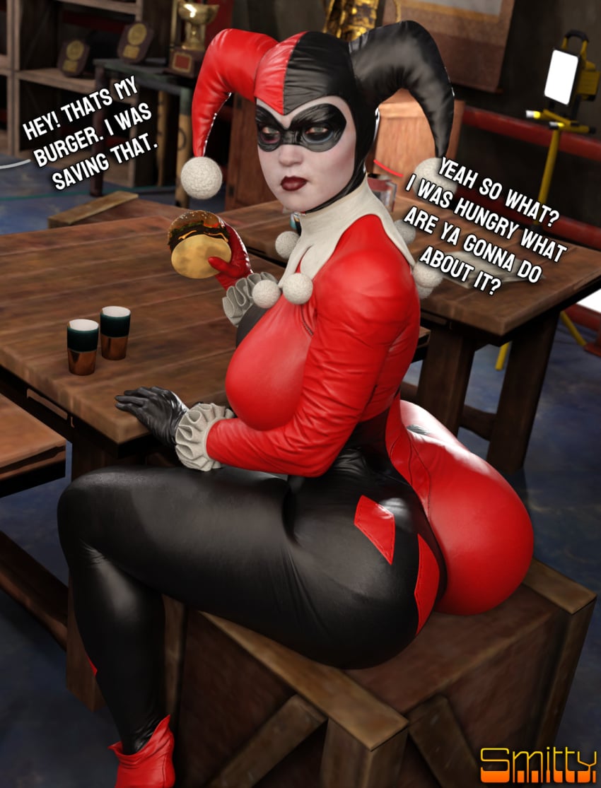 1girls 3d 3d_(artwork) batman:_arkham_knight batman_(series) big_ass big_breasts blender_(software) bodysuit bubble_ass bubble_butt burger dat_ass dc dc_comics dialogue eating english_text entitled female female_only harley_quinn harley_quinn_(classic) harley_quinn_(injustice) injustice_2 large_ass offscreen_character pawg sitting smitty34 solo stealing supervillainess tagme text thick_thighs villainess