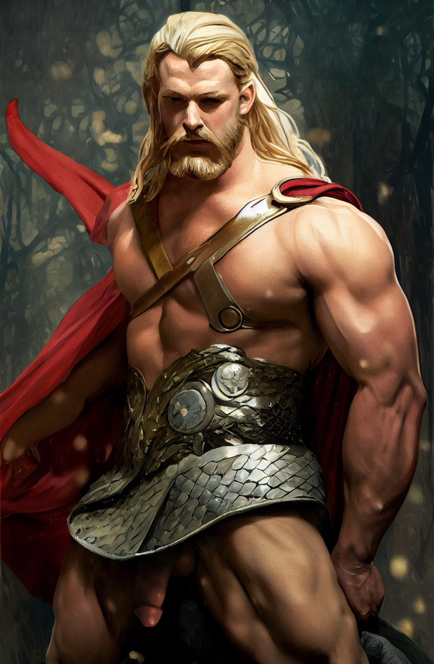 1boy actor ai_clothes ai_generated armor boner celebrity circumcised erect_penis erection hard_on human human_only in_character light-skinned_male light_skin long_hair male male_only marvel marvel_cinematic_universe midjourney muscular muscular_male penis_peek thor_(marvel) thor_(series)