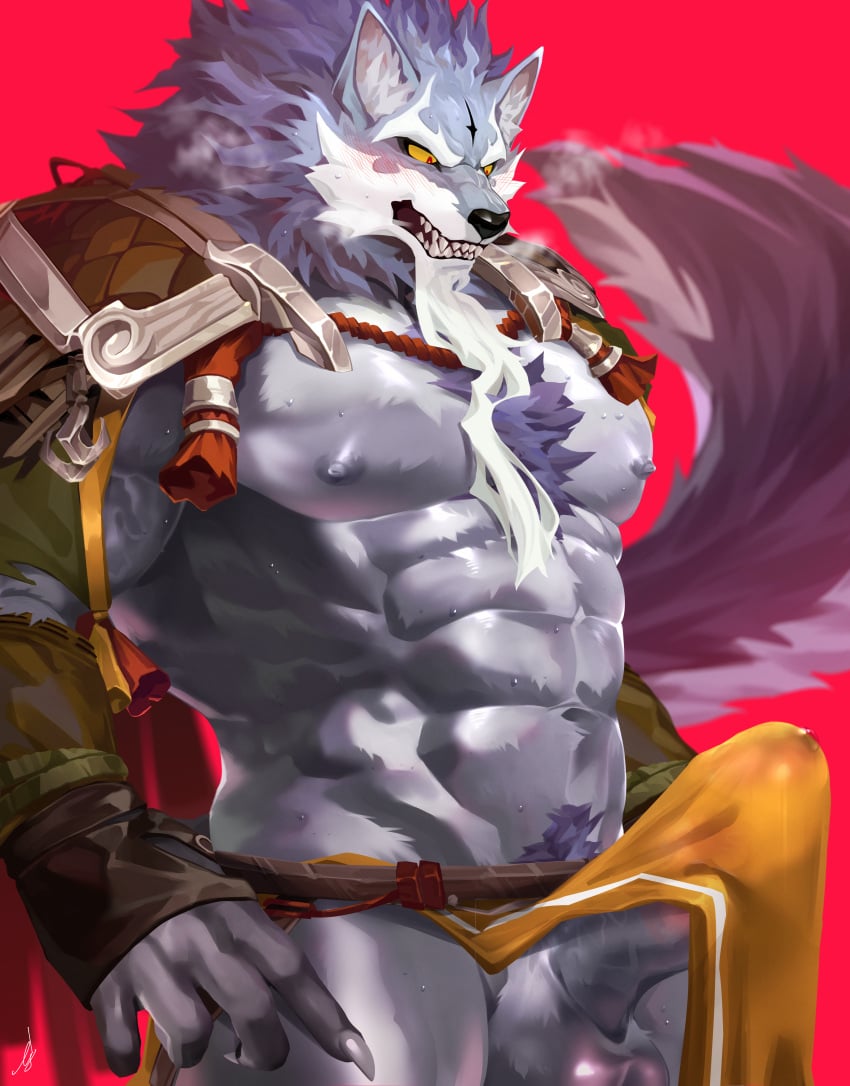 abs absurd_res anthro balls biceps big_balls big_penis black_nose blush canid canine canis claws clothed clothing erection erection_under_clothing facial_hair fur genitals grey_body grey_fur hi_res humanoid_hands ig ig1119 law_(sdorica) male male_only mammal muscular muscular_anthro muscular_male nipples pecs penis sdorica solo wolf