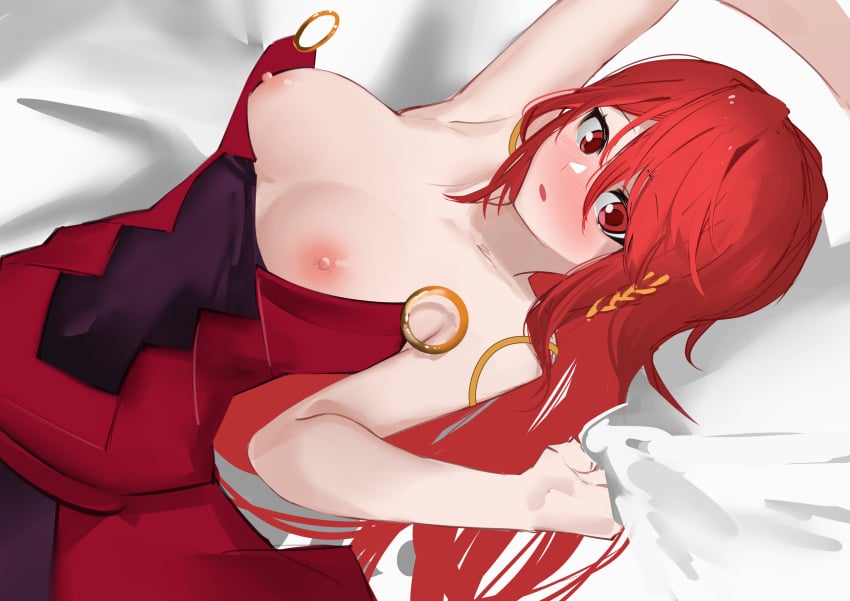 arm_up bed breasts_out douluo_dalu douluo_dalu_2 female long_hair ma_xiaotao_(douluo_dalu_2) red_dress red_hair solo upper_body