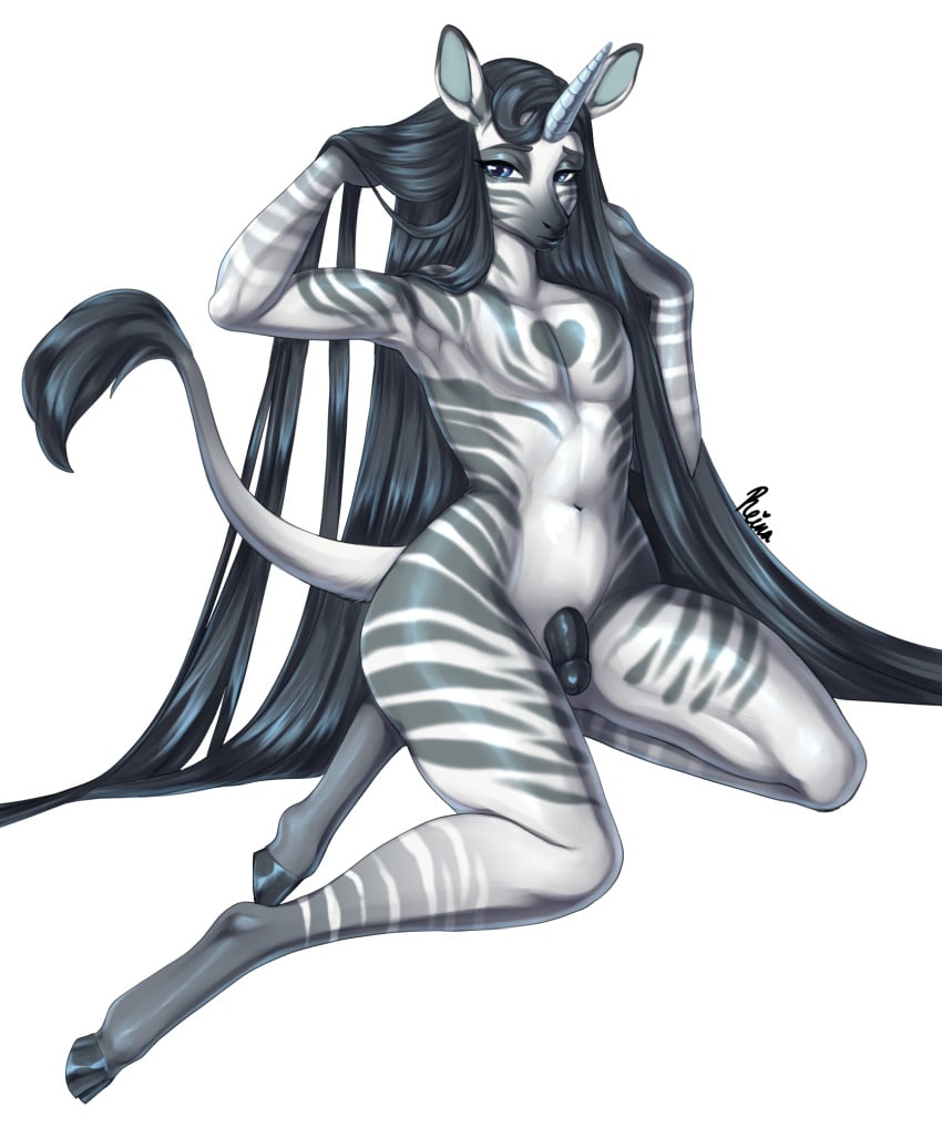 anthro equid equine femboy genitals girly hair hi_res horn long_hair male mammal nude penis reina_(artist) simple_background striped_body stripes unicorn white_background zebra