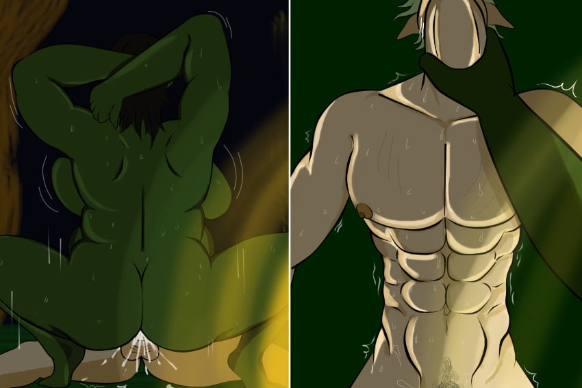 abs apoliac-99 arms_behind_head assertive_female big_ass choking chubby_female cum elf_male female femdom forest green_skin instant_loss_2koma male male_focus muscular_male orc orc_female riding_penis scars ugly_bitch