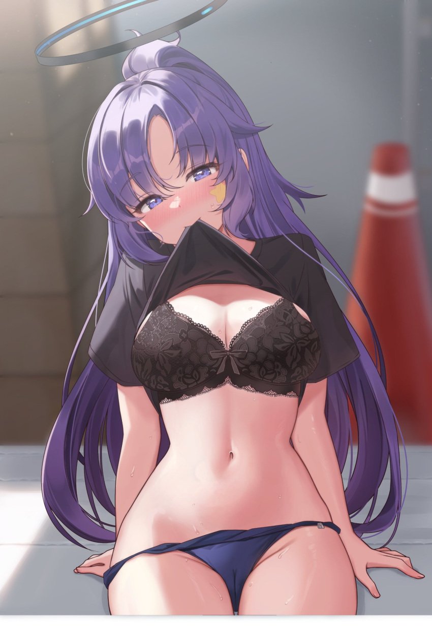 1girls big_breasts black_bra black_shirt blue_archive blue_eyes blush bulging_breasts lingerie mechanical_halo pn_(wnsl216) ponytail purple_panties star_(symbol) sticker sweat tagme undressing violet_hair yuuka_(blue_archive) yuuka_(gym_uniform)_(blue_archive)