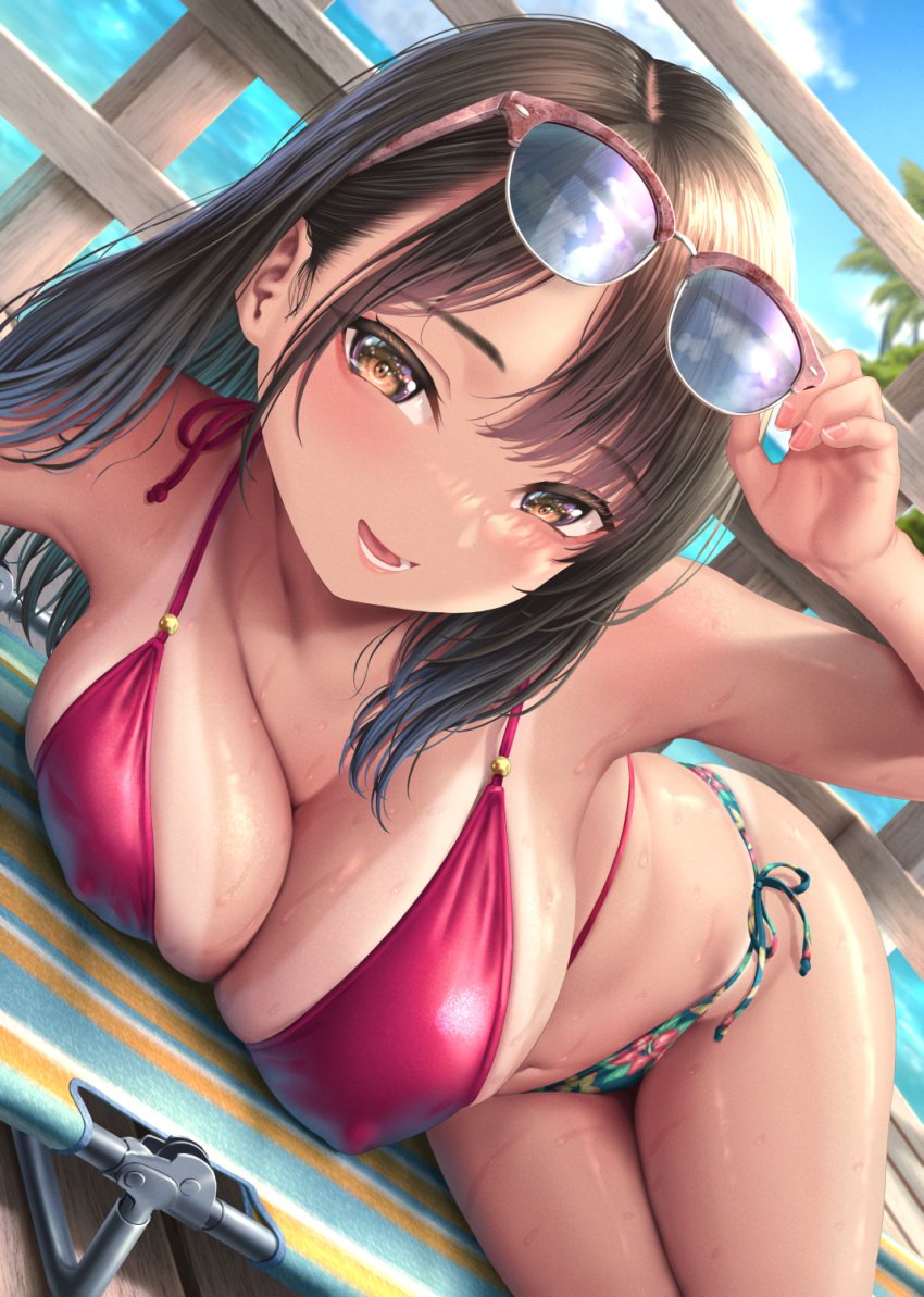 1girls 2022 alternate_version_available bikini blush breasts brown_eyes brown_hair dksha erect_nipples erect_nipples_under_clothes female female_only hips huge_breasts kase_daiki long_hair looking_at_viewer lying_on_side original original_character outdoors slim_waist smile sunglasses sunglasses_on_head tan tan-skinned_female tanline tanlines tanned_skin thick_thighs thighs wide_hips