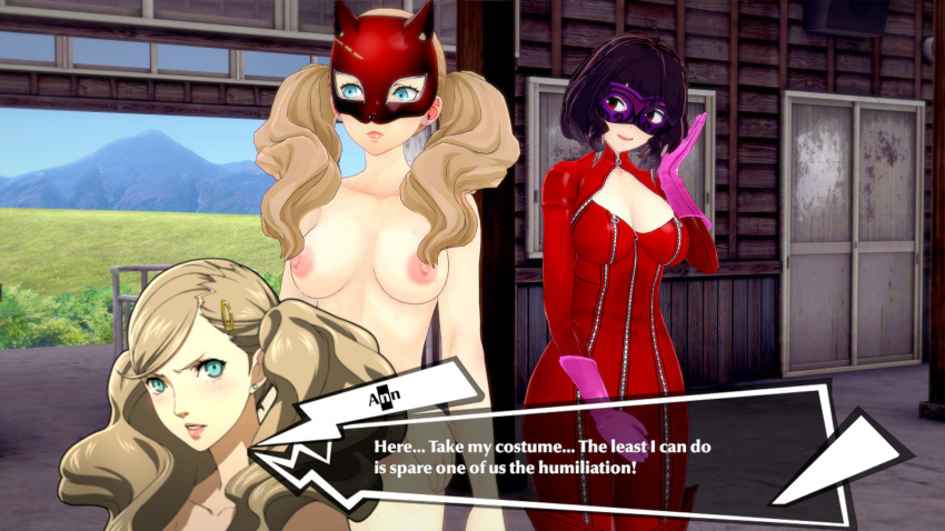 2girls alternate_costume ann_takamaki ann_takamaki_(cosplay) blonde_hair blue_eyes bob_(artist) bodysuit breasts cleavage clothed_female_nude_female cosplay crossover domino_mask embarrassed_nude_female english_text female_only fire_emblem fire_emblem_awakening gloves long_hair mask mask_only masked masked_female morgan_(fire_emblem) morgan_(fire_emblem)_(female) multiple_girls naked_mask nintendo nude_female persona persona_5 purple_eyes red_bodysuit short_hair story_at_source text twintails