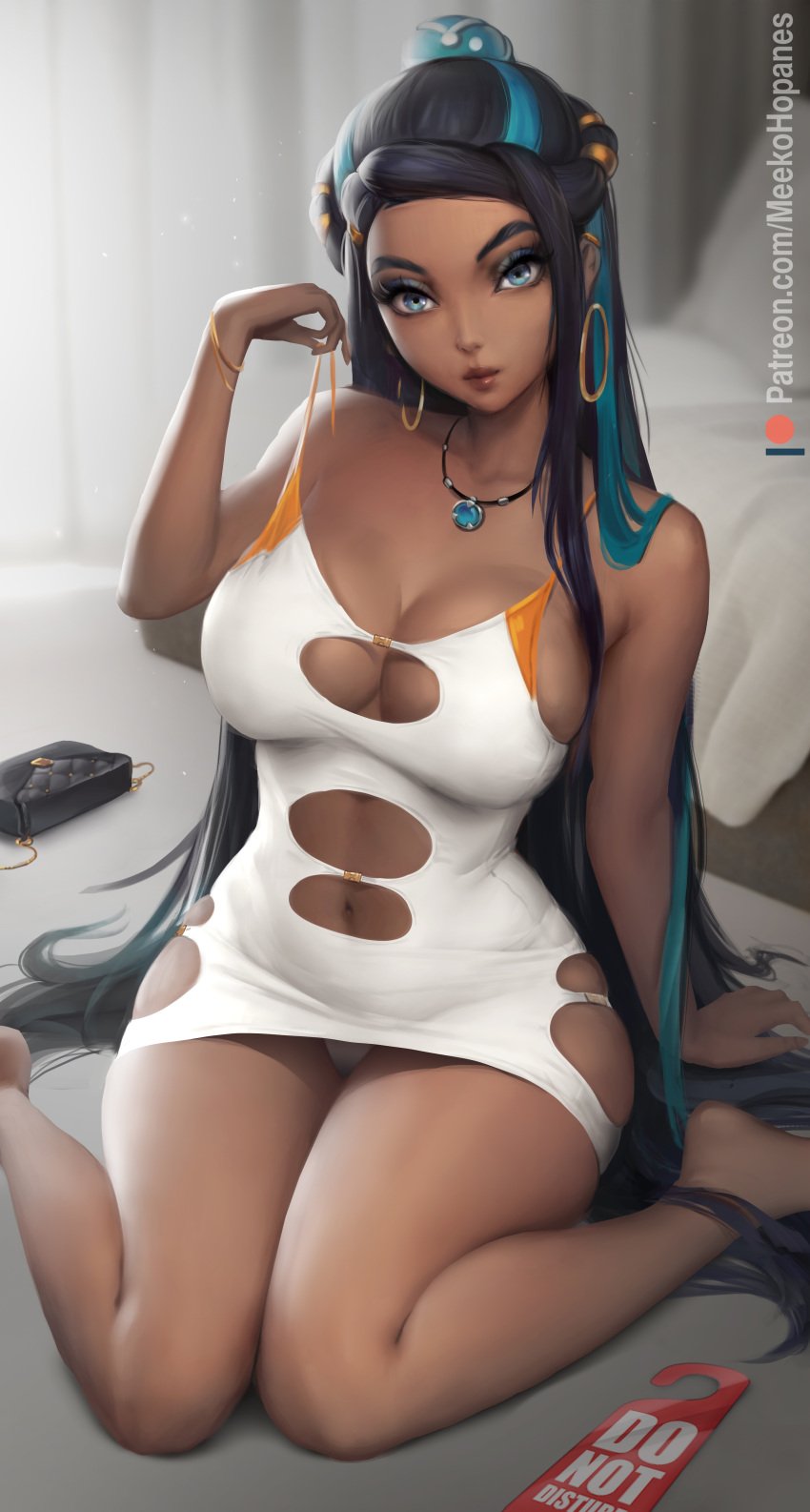 1girls 2022 black_hair blue_eyes bodycon breasts brown_skin cleavage dark-skinned_female dark_skin female female_only hair_ornament hartman_hips hi_res hips hoop_earrings kneeling large_breasts long_hair looking_at_viewer meekohopanes nessa_(pokemon) nintendo panties panty_peek pantyshot pantyshot_(kneeling) pokemon pokemon_ss slim_waist thick_thighs thighs video_game video_game_character video_games white_clothing white_panties wide_hips