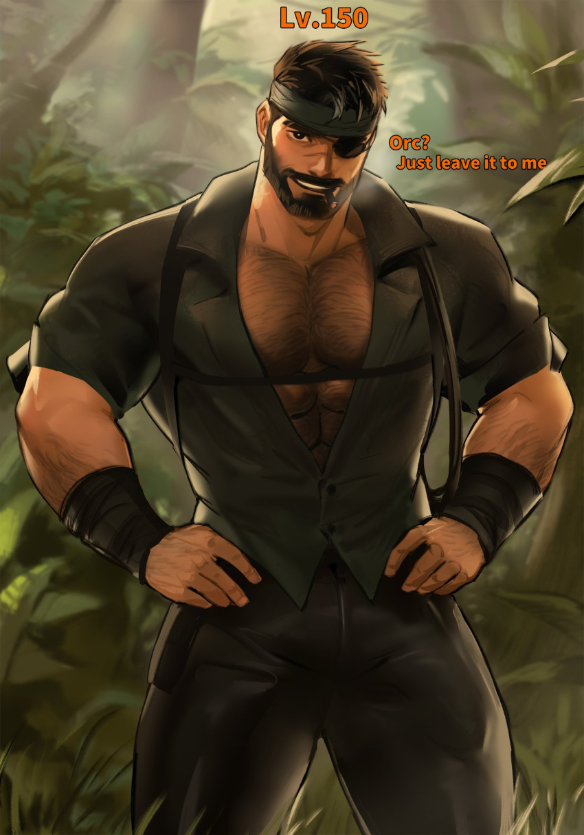 1boy 1male arm_hair bara beard bearded big_arms bulge chest_hair clothed clothing daddy dopq eye_patch gay hairy hairy_arms hairy_chest large_pectorals looking_at_viewer male male_only muscle muscles muscular muscular_arms open_jacket pecs pectorals smile smiling smiling_at_viewer