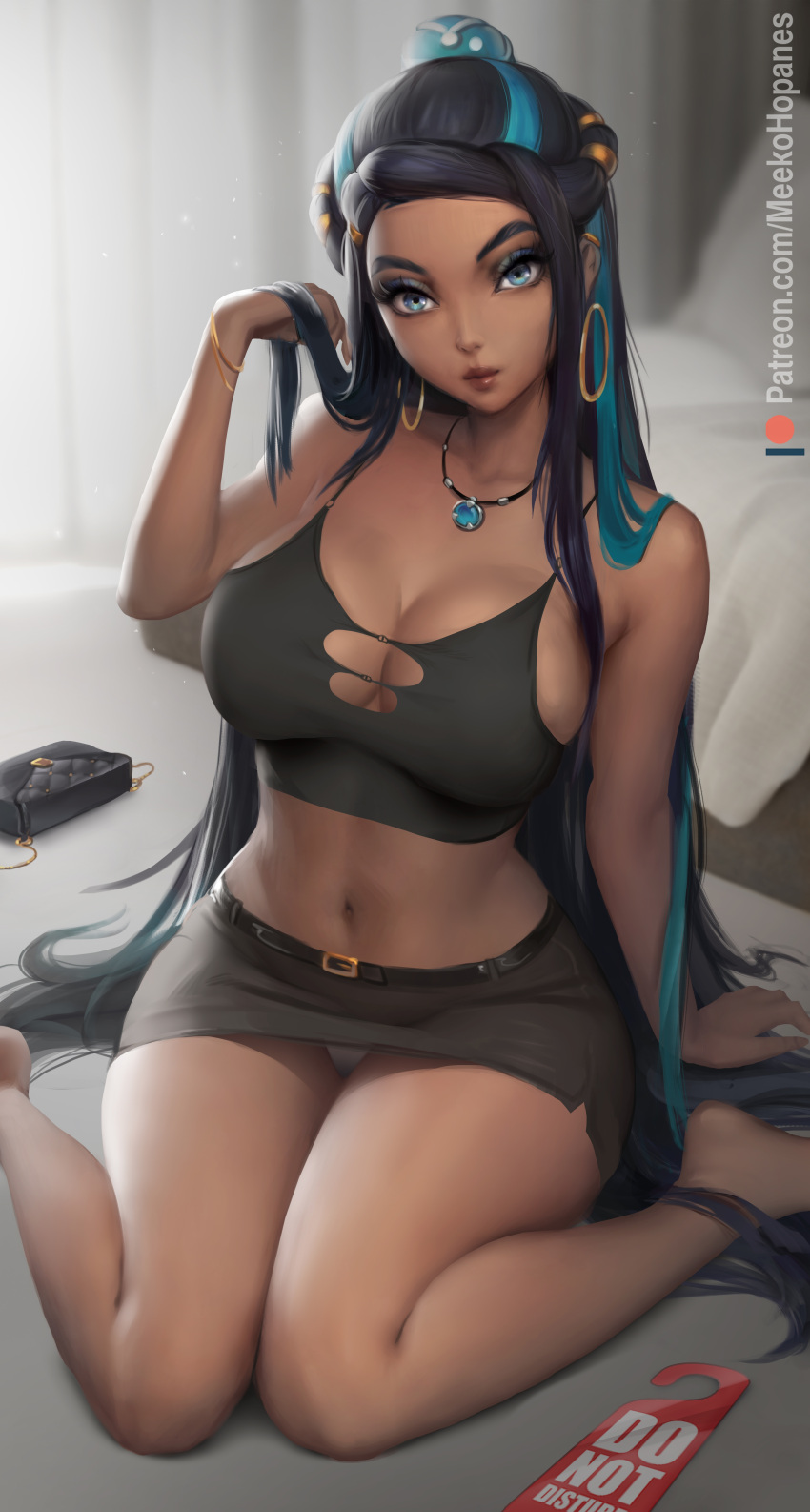 1girls 2022 black_clothing black_hair blue_eyes breasts brown_skin cleavage dark-skinned_female dark_skin female female_only hair_ornament hartman_hips hi_res hips hoop_earrings kneeling large_breasts long_hair looking_at_viewer meekohopanes midriff nessa_(pokemon) nintendo panties panty_peek pokemon pokemon_ss slim_waist thick_thighs thighs video_game video_game_character video_games white_panties wide_hips