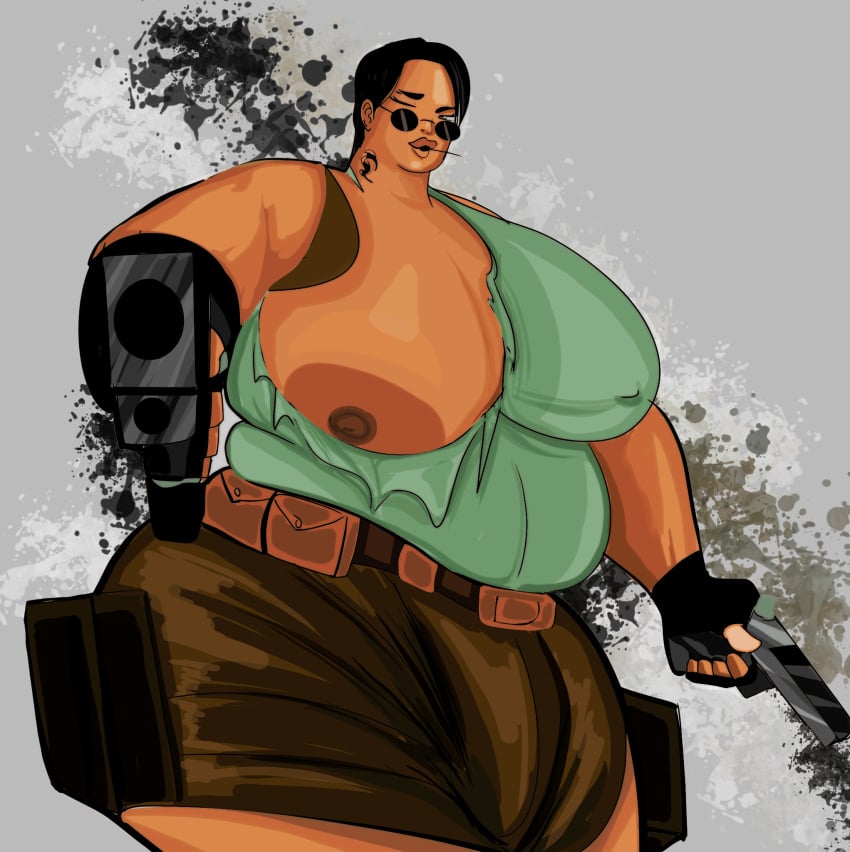 1girls artist_tyroncarter bbwts_(comic) big_breasts fat female female_only lara_croft lara_croft_(classic) looking_over_eyewear looking_over_glasses looking_over_sunglasses solo sunglasses tinted_eyewear tomb_raider