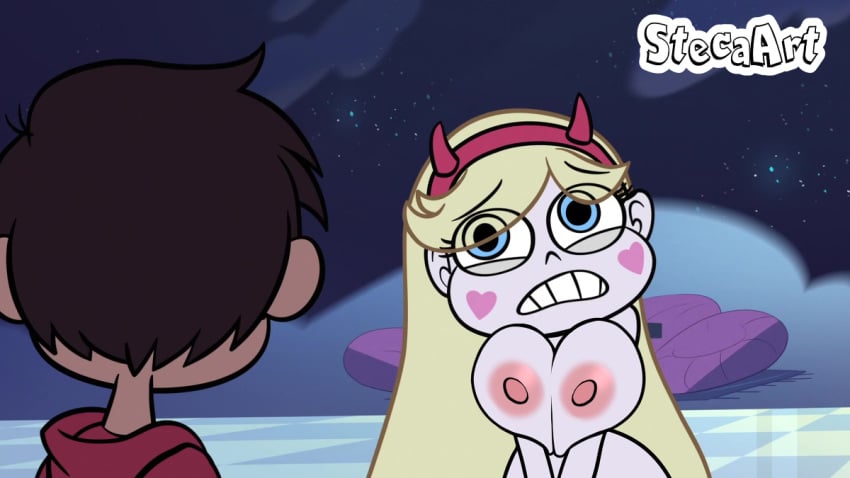 big_breasts blonde_hair blue_eyes breasts_pressed_together breasts_together casual checkered_floor cleavage dark_skin edit female headband heart_cheeks huge_breasts human large_breasts long_hair male marco_diaz nipples nude_female pale_skin screenshot_edit short_hair star_butterfly star_vs_the_forces_of_evil steca thelazyart unseen_male_face wide_hips